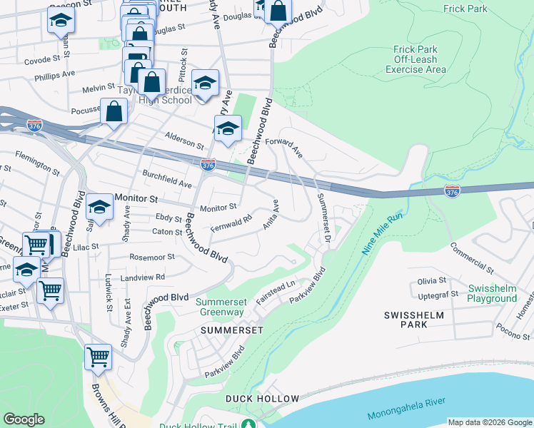 map of restaurants, bars, coffee shops, grocery stores, and more near 2830 Fernwald Road in Pittsburgh