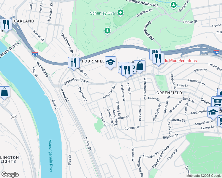 map of restaurants, bars, coffee shops, grocery stores, and more near 459 Kaercher Street in Pittsburgh