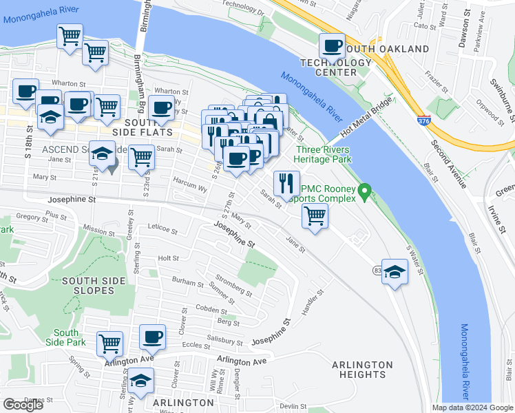 map of restaurants, bars, coffee shops, grocery stores, and more near 2814 Larkins Way in Pittsburgh