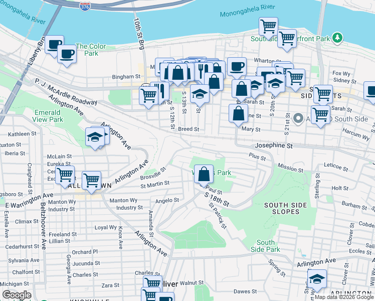 map of restaurants, bars, coffee shops, grocery stores, and more near C9 Pius Street in Pittsburgh