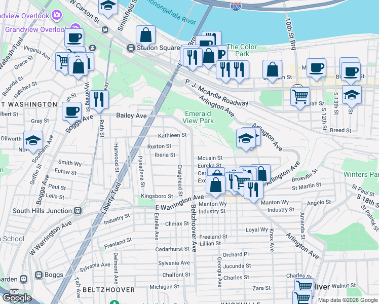 map of restaurants, bars, coffee shops, grocery stores, and more near 21 Aztec Way in Pittsburgh