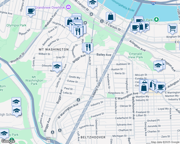 map of restaurants, bars, coffee shops, grocery stores, and more near 110 Tuscola Street in Pittsburgh