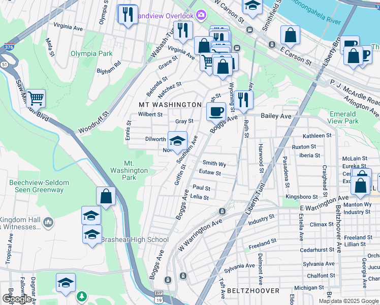 map of restaurants, bars, coffee shops, grocery stores, and more near 166 Southern Avenue in Pittsburgh
