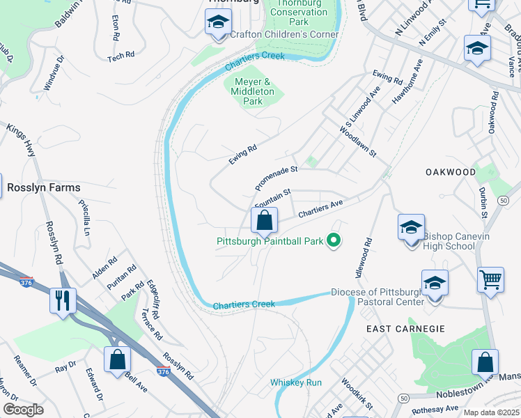 map of restaurants, bars, coffee shops, grocery stores, and more near 118 Fountain Street in Crafton