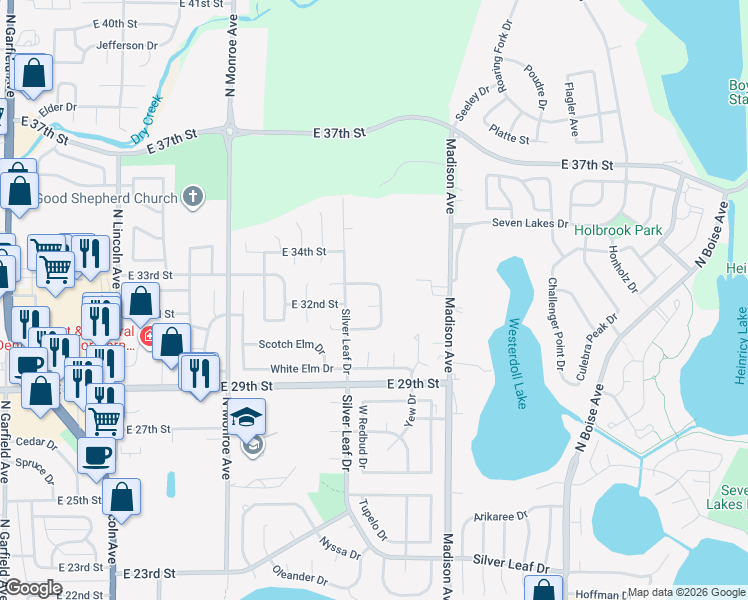 map of restaurants, bars, coffee shops, grocery stores, and more near 1009 Blue Spruce Place in Loveland