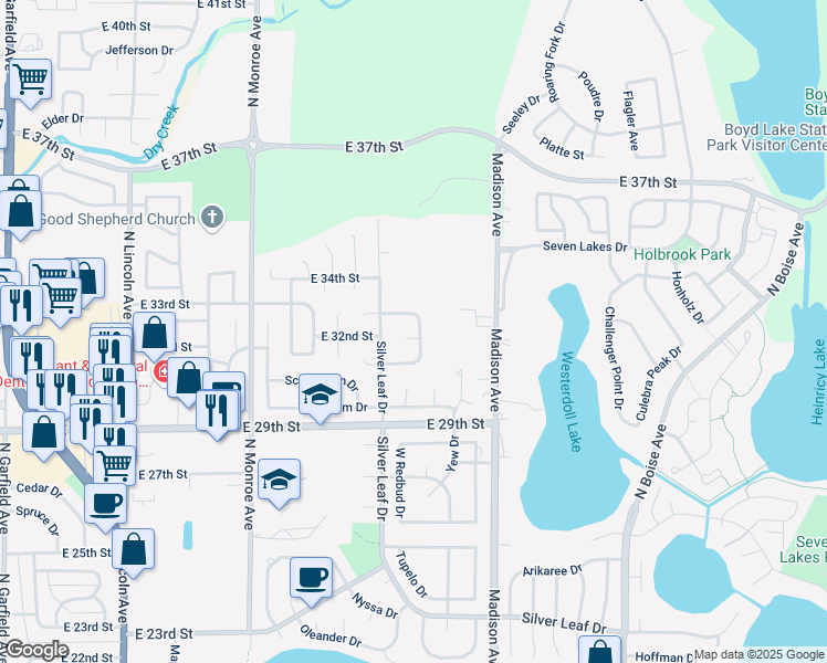 map of restaurants, bars, coffee shops, grocery stores, and more near 1009 Blue Spruce Place in Loveland