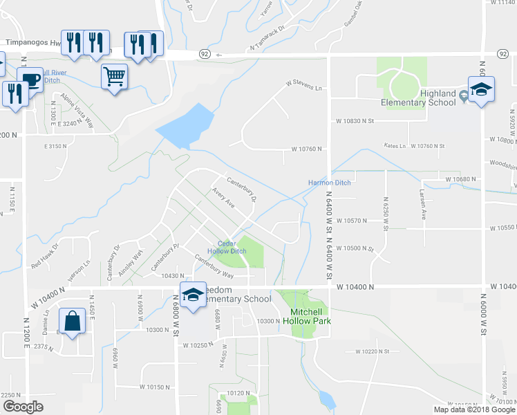 map of restaurants, bars, coffee shops, grocery stores, and more near 10612 Canterbury Drive in Highland