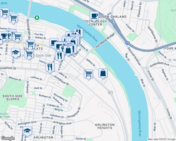 map of restaurants, bars, coffee shops, grocery stores, and more near 3025 East Carson Street in Pittsburgh