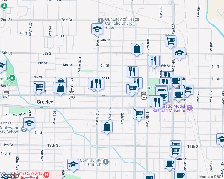 map of restaurants, bars, coffee shops, grocery stores, and more near 715 13th Avenue in Greeley