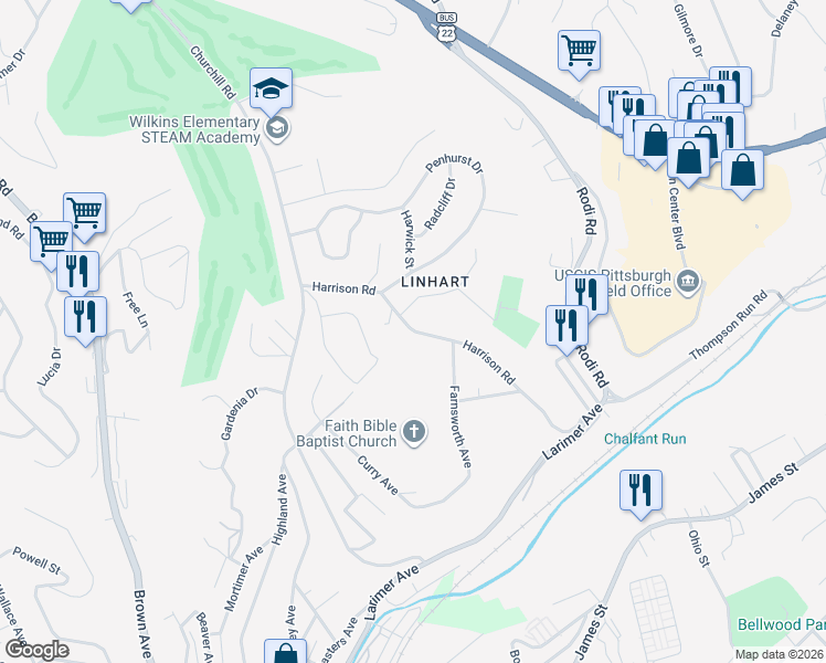 map of restaurants, bars, coffee shops, grocery stores, and more near 255 Harrison Road in Turtle Creek