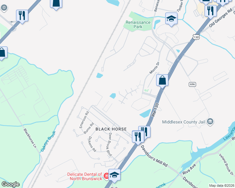 map of restaurants, bars, coffee shops, grocery stores, and more near 1116 Cottonwood Court in North Brunswick Township