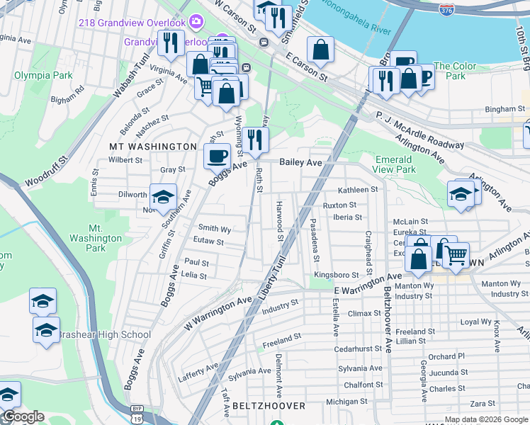 map of restaurants, bars, coffee shops, grocery stores, and more near 110 Tuscola Street in Pittsburgh