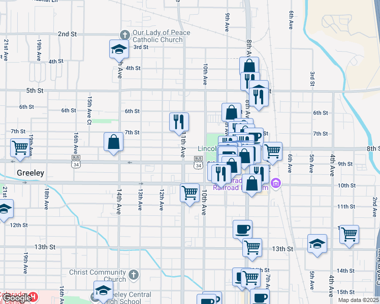 map of restaurants, bars, coffee shops, grocery stores, and more near 1024 8th Street in Greeley