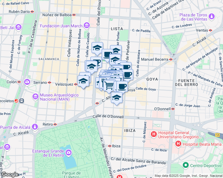 map of restaurants, bars, coffee shops, grocery stores, and more near 58 Calle de Goya in Madrid