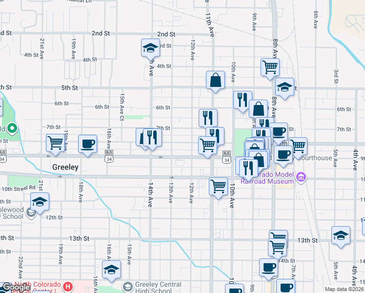 map of restaurants, bars, coffee shops, grocery stores, and more near 1214 8th Street in Greeley