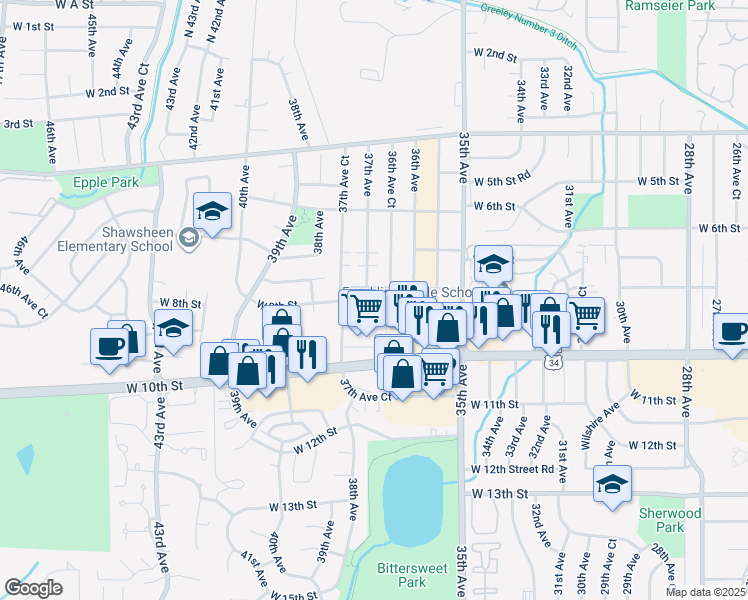 map of restaurants, bars, coffee shops, grocery stores, and more near 808 37th Avenue in Greeley