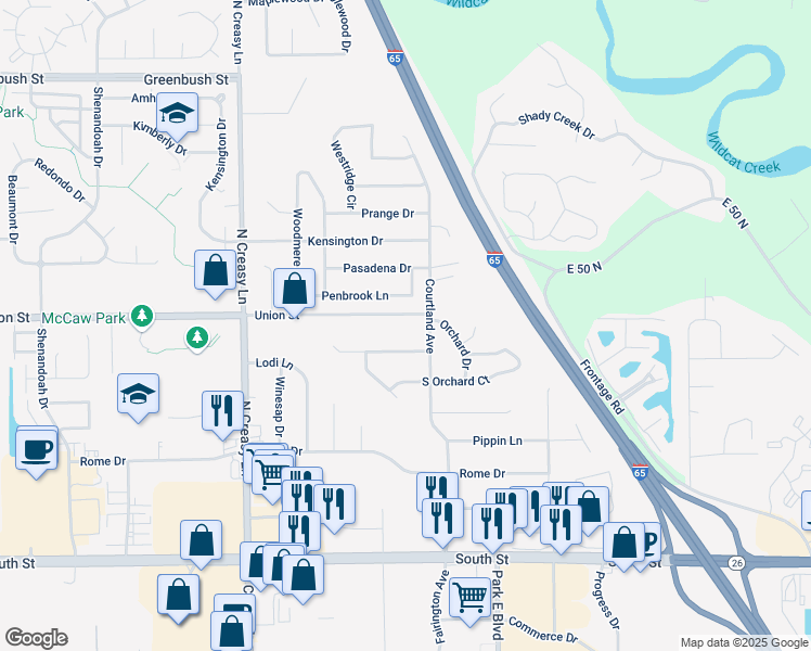 map of restaurants, bars, coffee shops, grocery stores, and more near 3897 Union Street in Lafayette