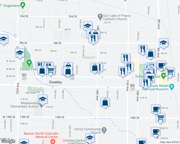 map of restaurants, bars, coffee shops, grocery stores, and more near 1422 8th Street in Greeley