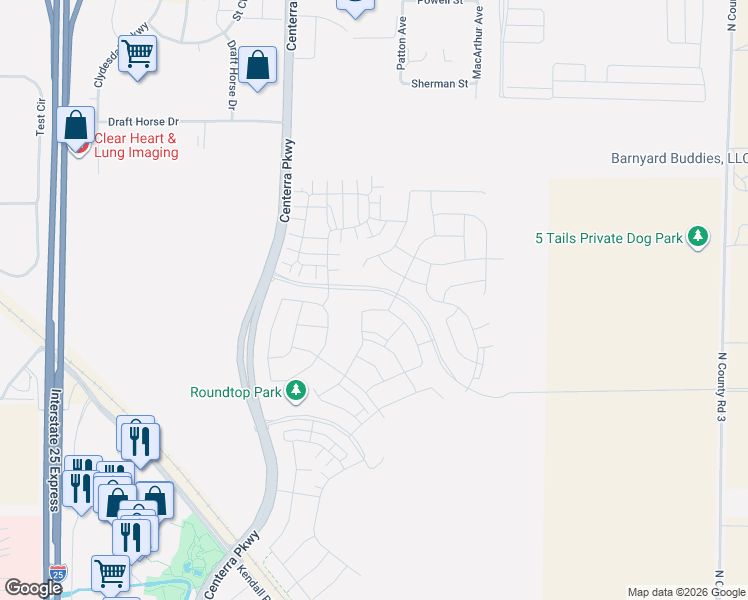 map of restaurants, bars, coffee shops, grocery stores, and more near Centerra Parkway in Loveland