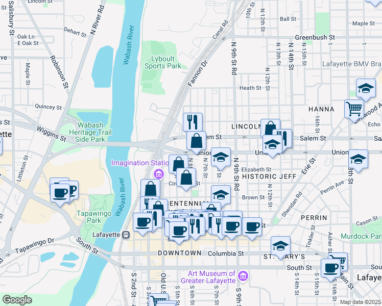 map of restaurants, bars, coffee shops, grocery stores, and more near North 6th Street in Lafayette