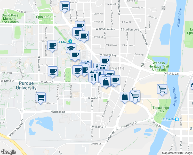 map of restaurants, bars, coffee shops, grocery stores, and more near 123 Andrew Place in West Lafayette