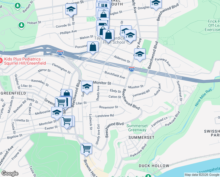 map of restaurants, bars, coffee shops, grocery stores, and more near 6366 Monitor Street in Pittsburgh