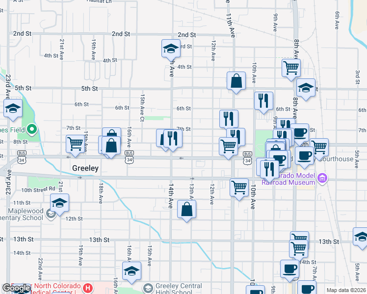 map of restaurants, bars, coffee shops, grocery stores, and more near 715 13th Avenue in Greeley