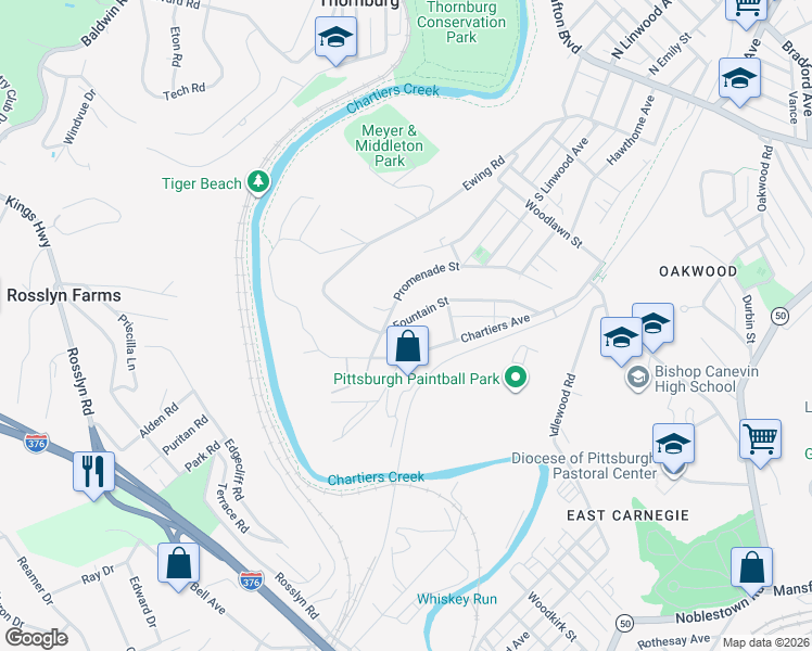 map of restaurants, bars, coffee shops, grocery stores, and more near 118 Fountain Street in Crafton