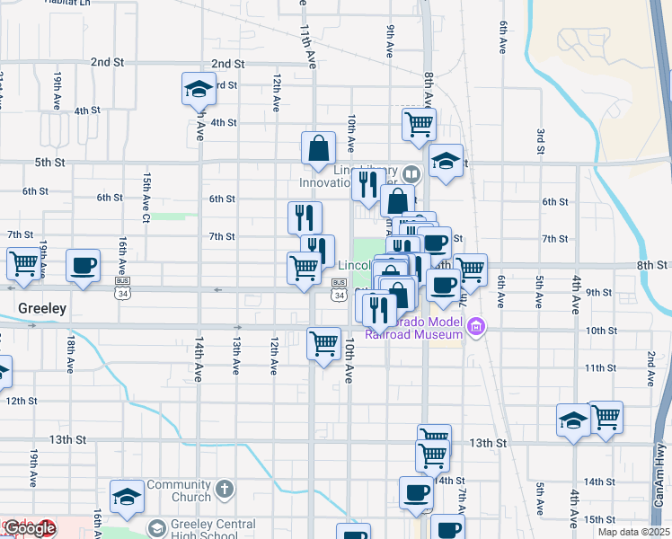 map of restaurants, bars, coffee shops, grocery stores, and more near 1024 8th Street in Greeley