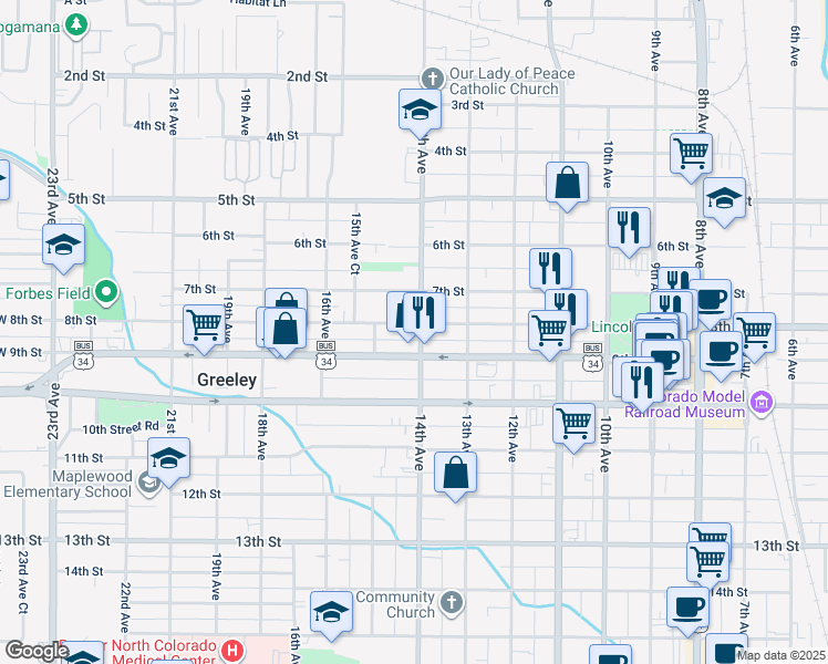 map of restaurants, bars, coffee shops, grocery stores, and more near 716 14th Avenue in Greeley