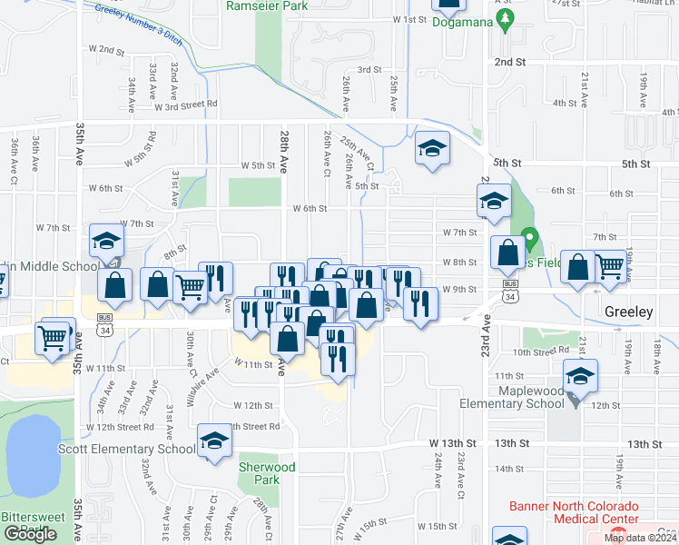 map of restaurants, bars, coffee shops, grocery stores, and more near 817 26th Avenue in Greeley