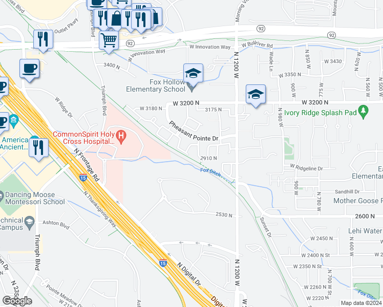 map of restaurants, bars, coffee shops, grocery stores, and more near 1441w WestBury Way in Lehi