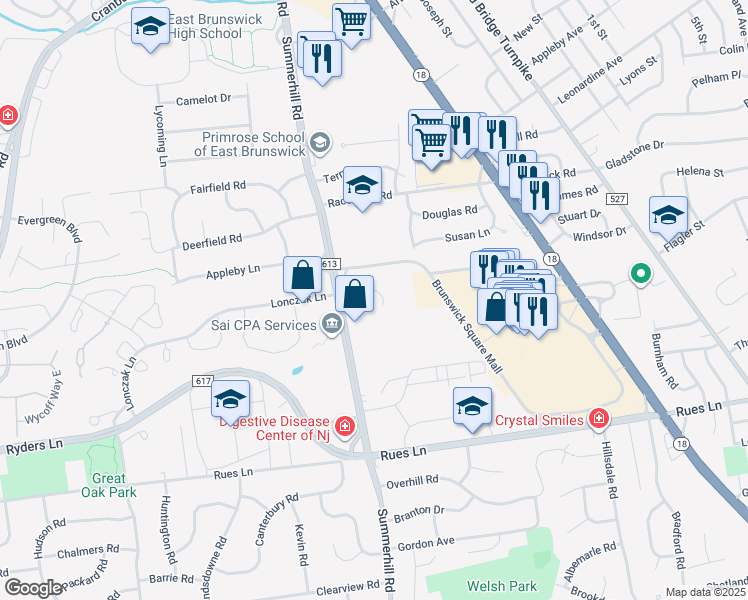 map of restaurants, bars, coffee shops, grocery stores, and more near 190 Summerhill Road in East Brunswick