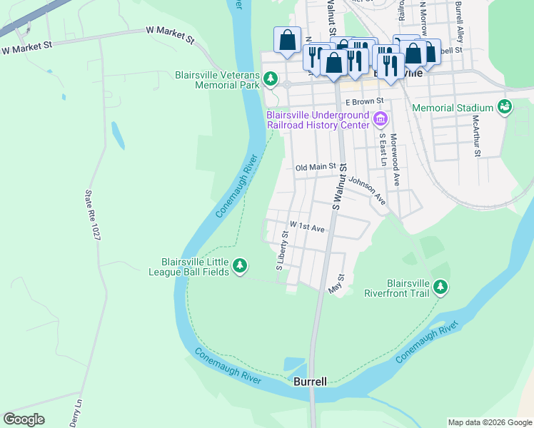 map of restaurants, bars, coffee shops, grocery stores, and more near 12 Miller Drive in Blairsville