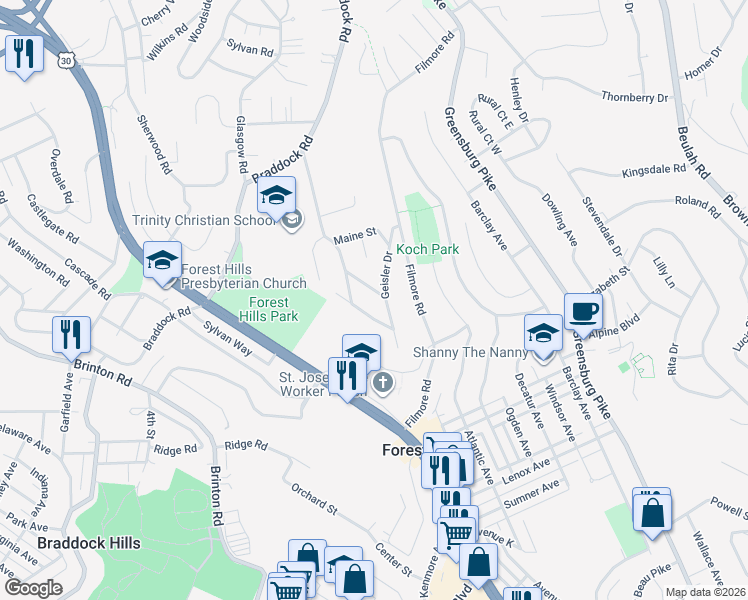 map of restaurants, bars, coffee shops, grocery stores, and more near 119 Williams Place in Pittsburgh