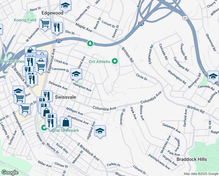 map of restaurants, bars, coffee shops, grocery stores, and more near 1400 Smokey Wood Drive in Swissvale