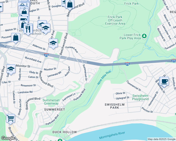 map of restaurants, bars, coffee shops, grocery stores, and more near 1103 Frick Lane in Pittsburgh