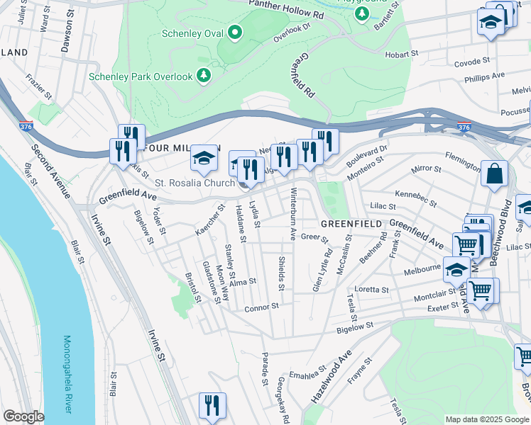map of restaurants, bars, coffee shops, grocery stores, and more near 4011 Coleman Street in Pittsburgh
