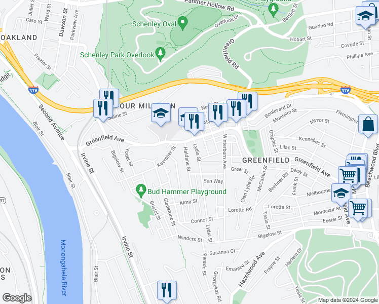 map of restaurants, bars, coffee shops, grocery stores, and more near 4014 Lydia Street in Pittsburgh