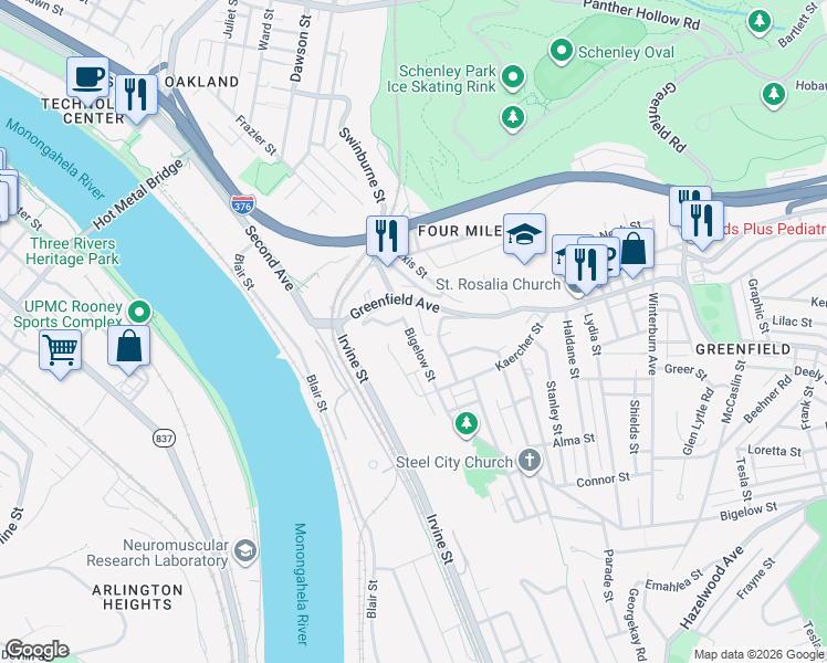 map of restaurants, bars, coffee shops, grocery stores, and more near 2 Tunstall Street in Pittsburgh