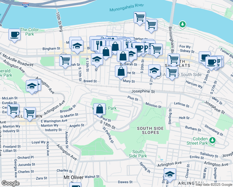 map of restaurants, bars, coffee shops, grocery stores, and more near 164 South 18th Street in Pittsburgh