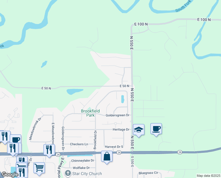 map of restaurants, bars, coffee shops, grocery stores, and more near 5328 E 50 N in Lafayette