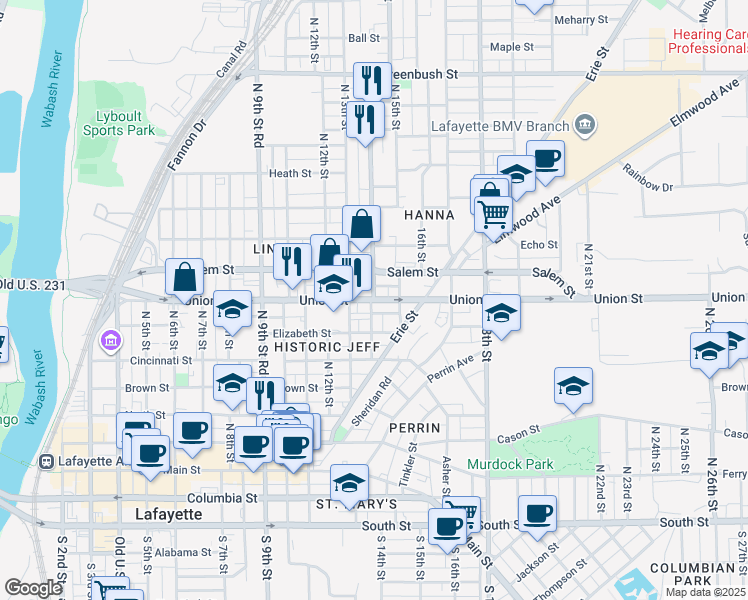 map of restaurants, bars, coffee shops, grocery stores, and more near 1418 Union Street in Lafayette