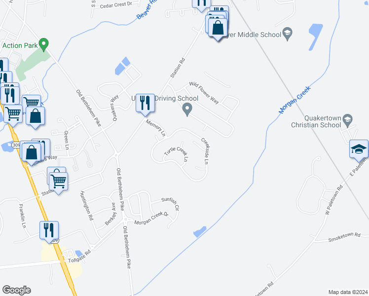 map of restaurants, bars, coffee shops, grocery stores, and more near 1541 Turtle Creek Lane in Quakertown