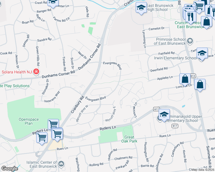 map of restaurants, bars, coffee shops, grocery stores, and more near 62 Rice Run in East Brunswick