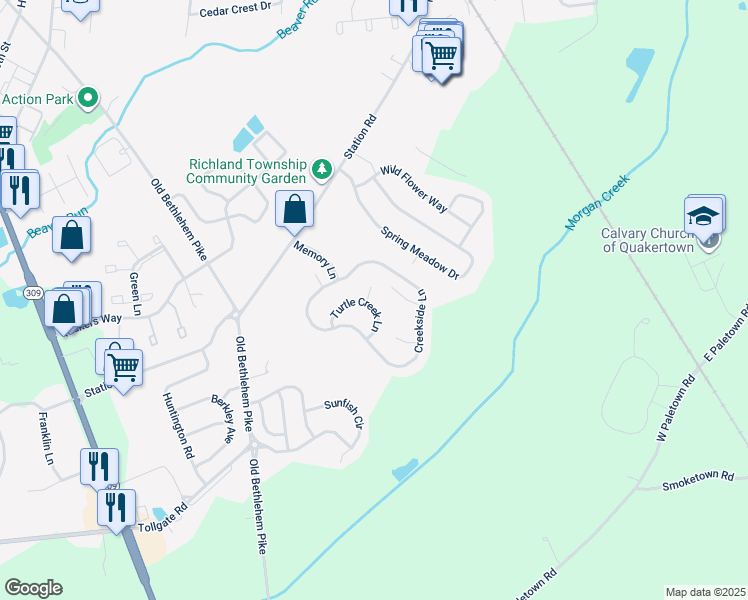 map of restaurants, bars, coffee shops, grocery stores, and more near 1541 Turtle Creek Lane in Quakertown