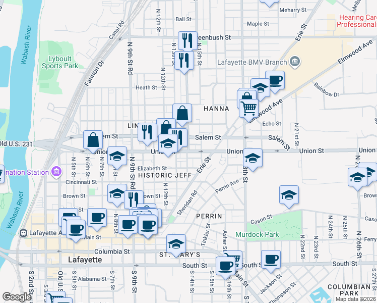 map of restaurants, bars, coffee shops, grocery stores, and more near North 14th Street in Lafayette
