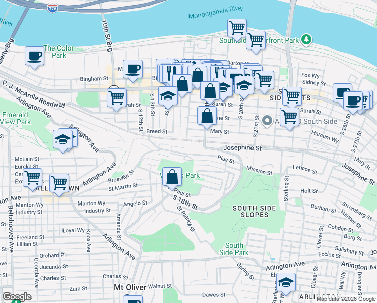 map of restaurants, bars, coffee shops, grocery stores, and more near 164 South 18th Street in Pittsburgh