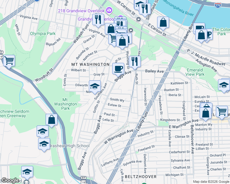 map of restaurants, bars, coffee shops, grocery stores, and more near 327 Boggs Avenue in Pittsburgh