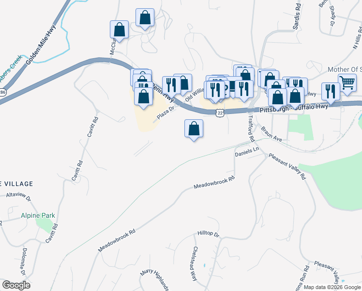 map of restaurants, bars, coffee shops, grocery stores, and more near 3880 Meadowbrook Road in Murrysville
